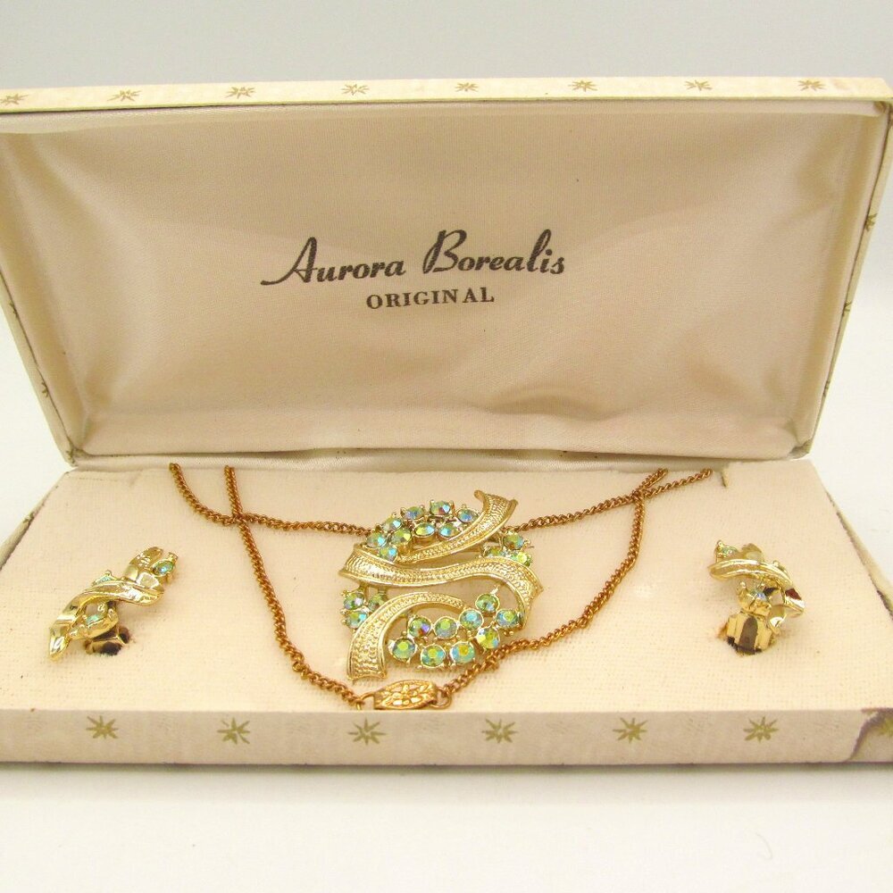 Vintage Aurora Borealis Brooch, Necklace and Earrings Set